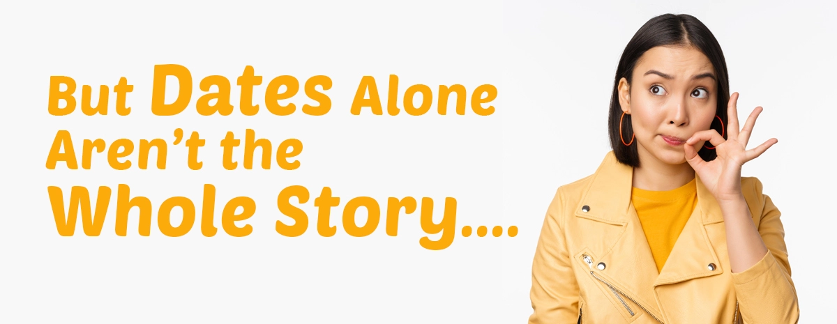 Thoughtful woman in yellow jacket with text saying dates alone aren’t the whole story