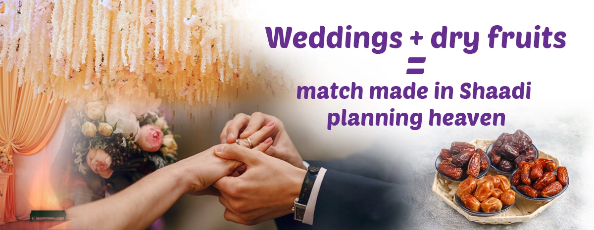 Wedding ceremony with floral decor, couple exchanging rings, and a platter of assorted dry fruits